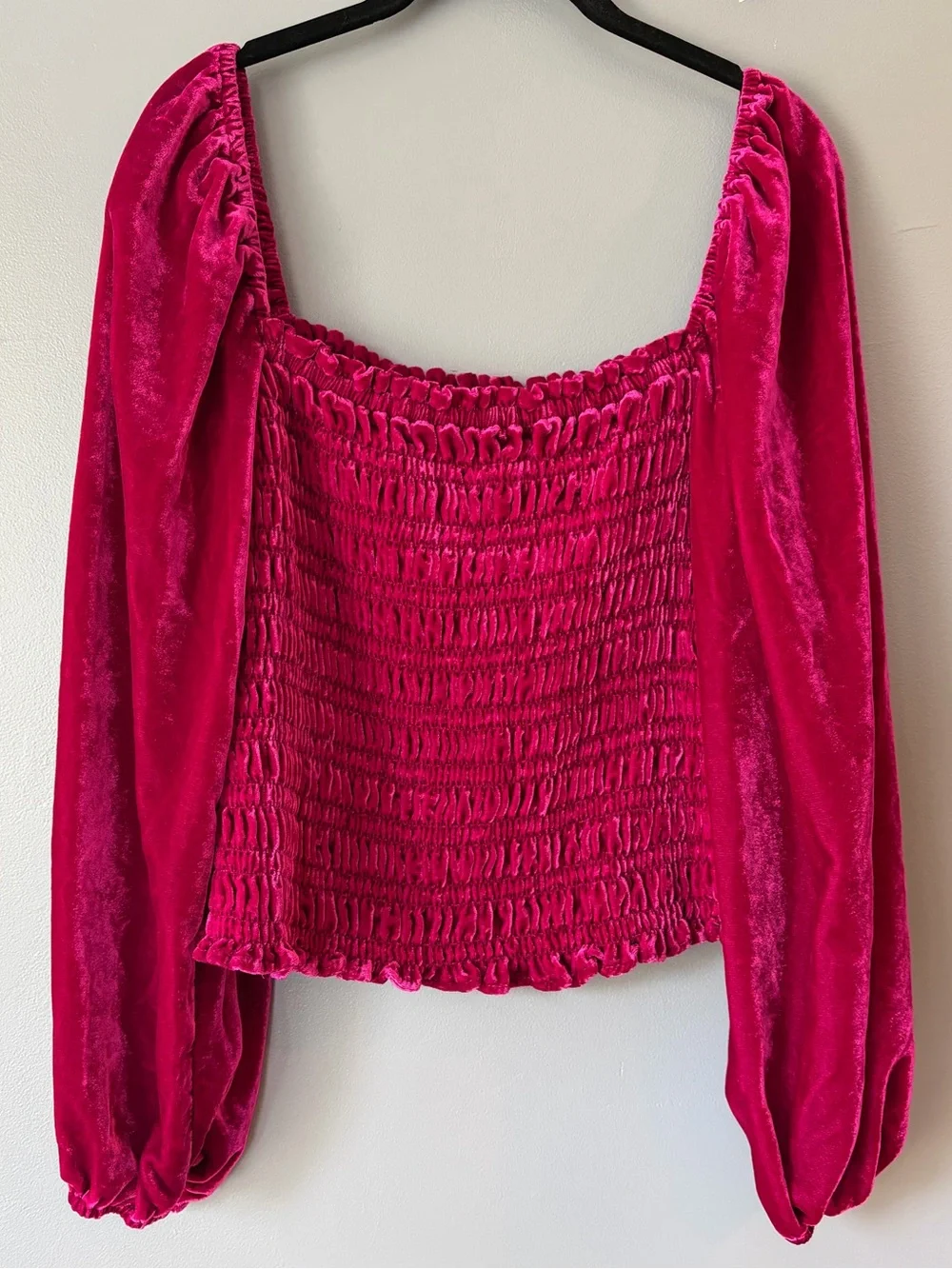 Anthropologie Velvet Smocked Peasant Sleeve Top in Magenta